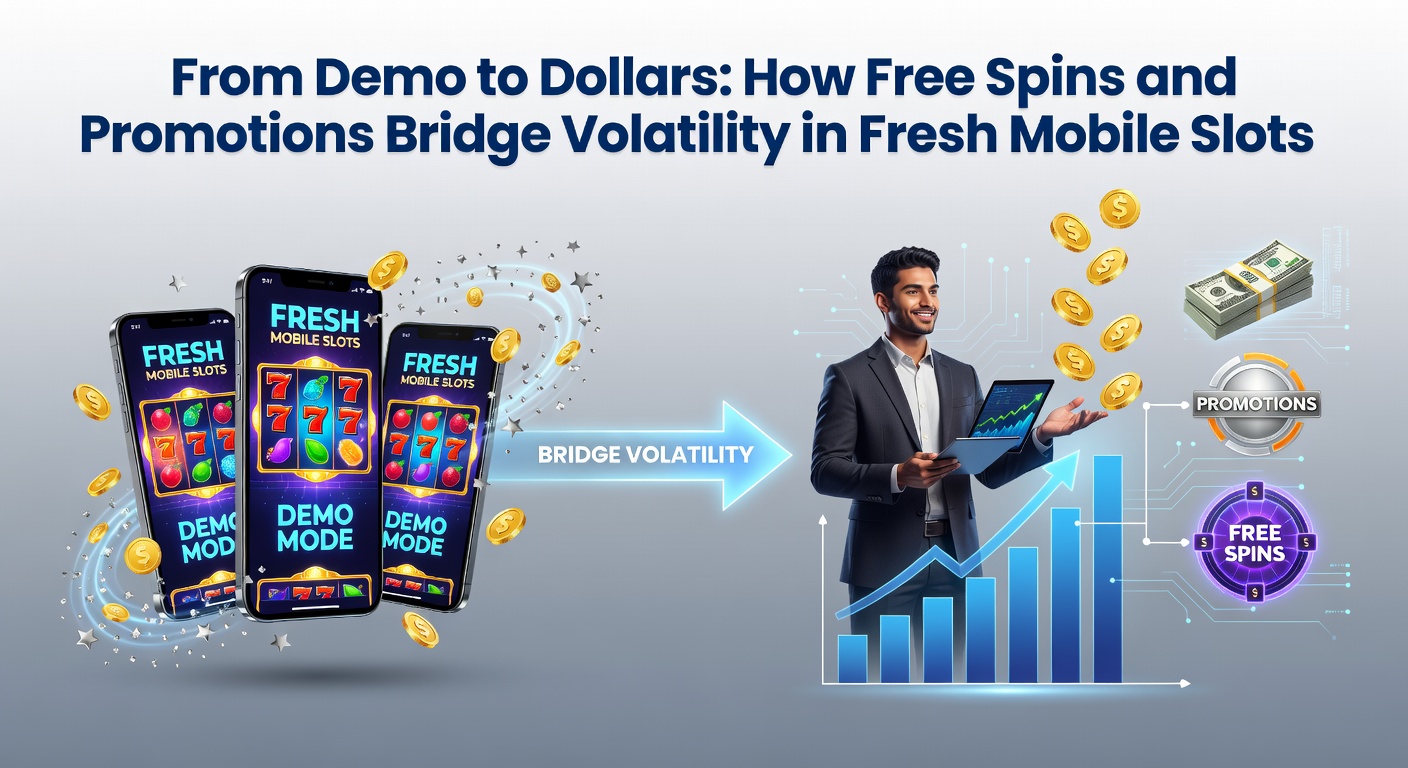 Vibrant mobile slot screen showing demo mode transitioning to bonus free spins with promotional overlays, highlighting volatility smoothing features in new releases