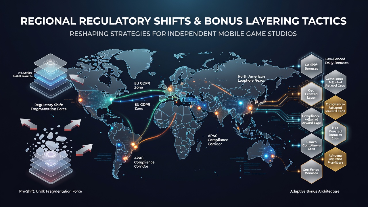 Independent mobile game studio team reviewing regional compliance dashboards for bonus structures in June 2026