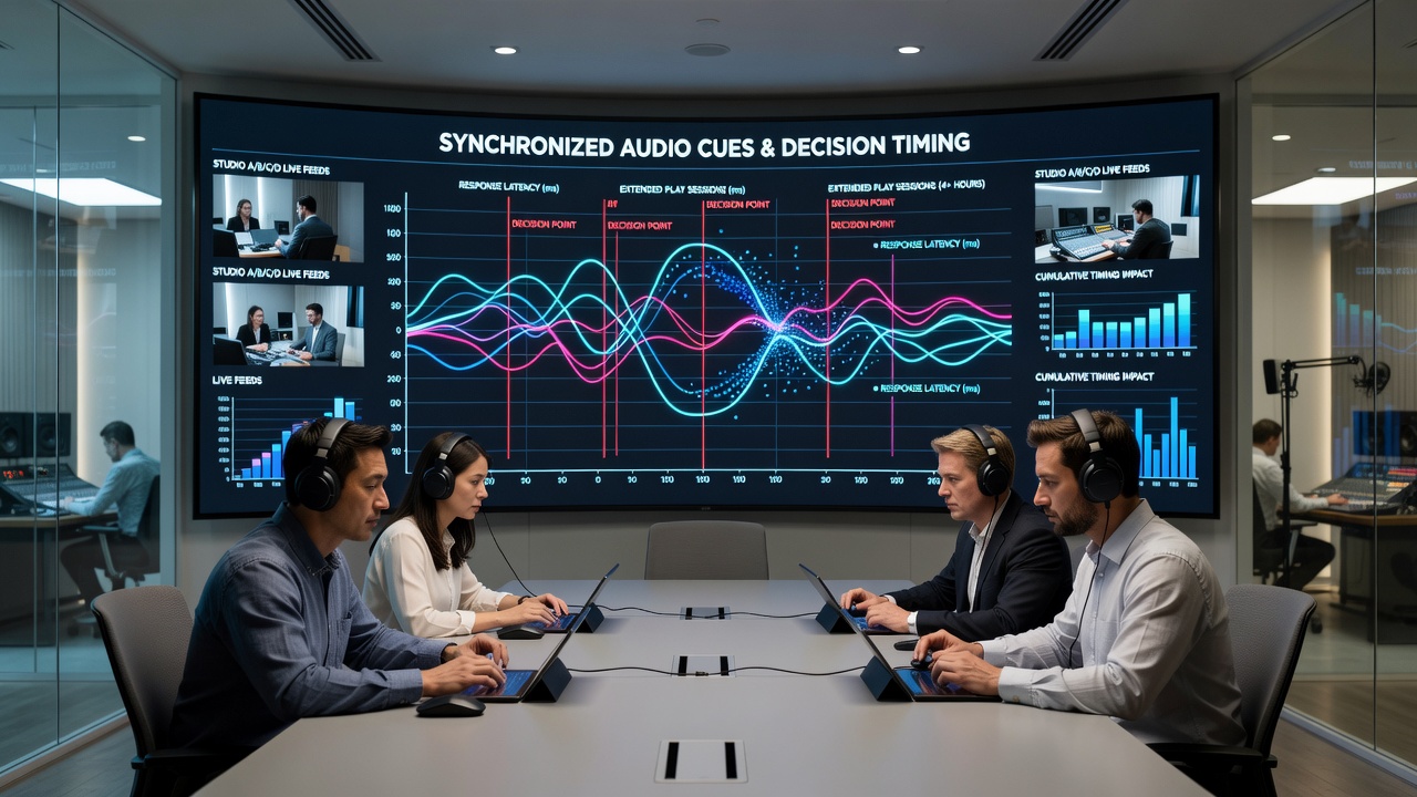 Player engagement graph illustrating decision timing shifts with audio cue synchronization in casino applications