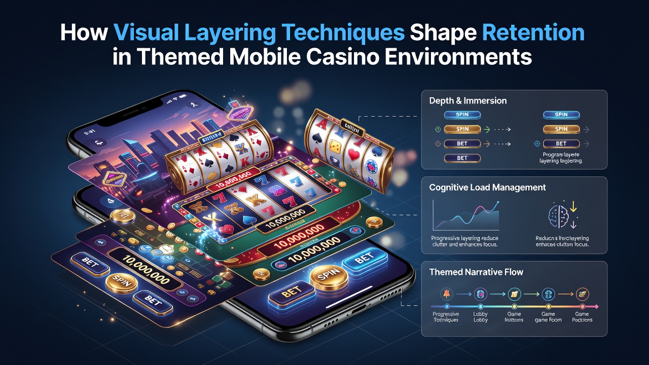 Mobile casino interface showing layered visual elements including background themes, button overlays, and animated depth effects in a fantasy setting