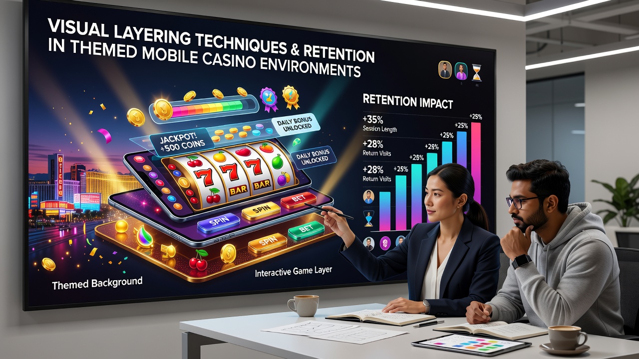 Close-up view of a themed mobile casino screen demonstrating multiple visual layers with animated overlays and depth in a casino royale style setting