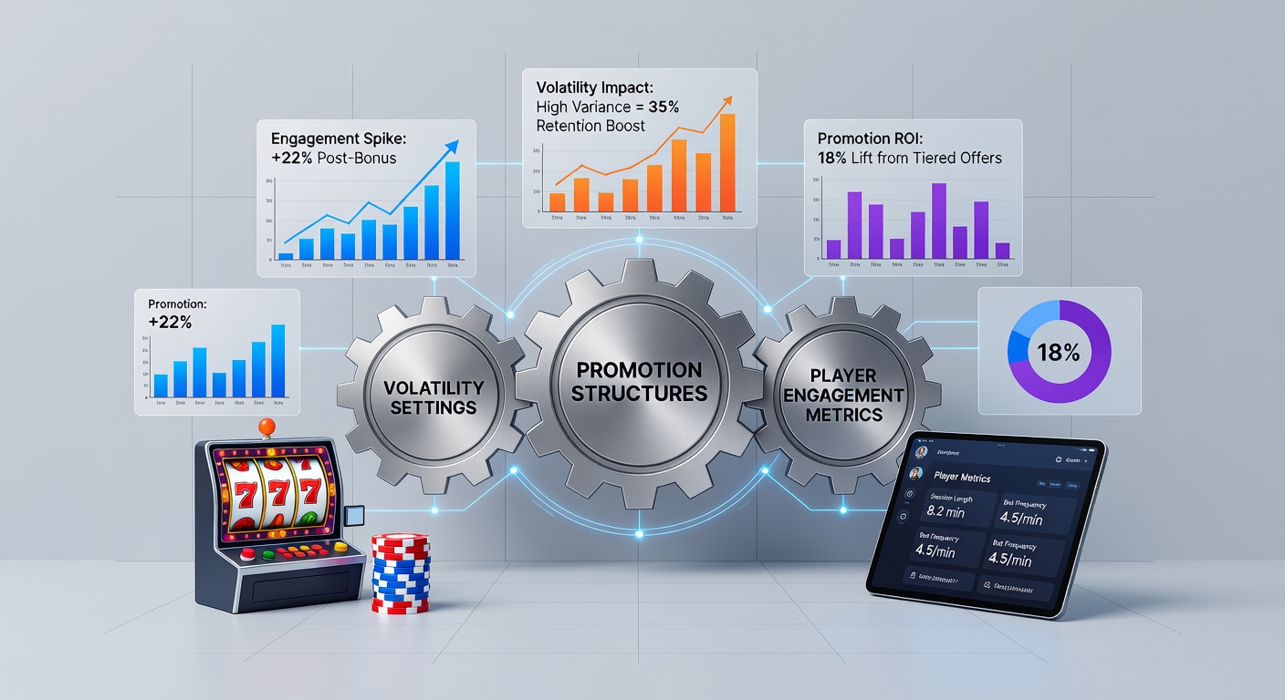 Digital casino interface showing slot volatility settings and player metrics dashboard