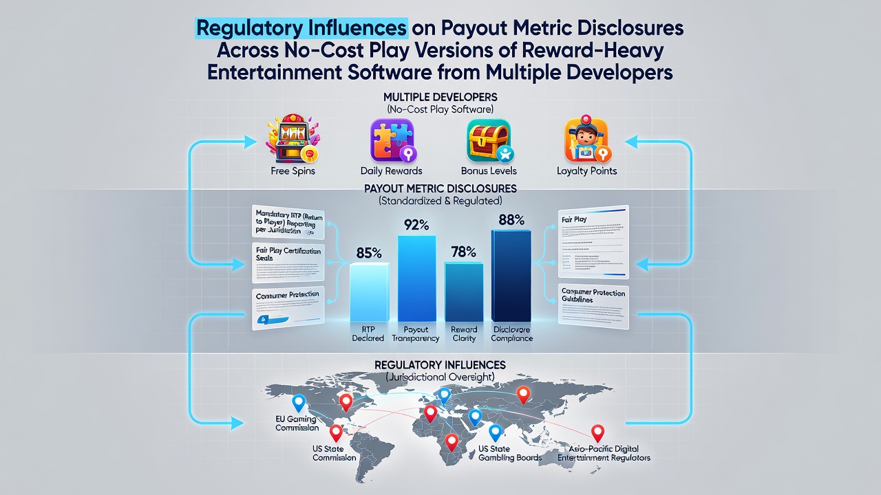 Regulatory documents and software interface showing payout metrics in free play casino games