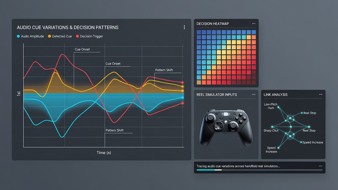 Analysis dashboard displaying audio waveform data alongside player decision metrics from reel simulator sessions