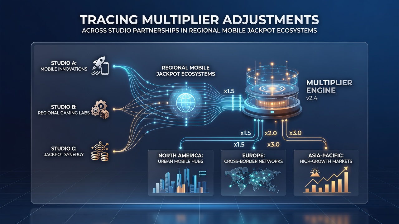 Studio partnership mapping diagram showing multiplier flow between mobile jackpot providers in different regions