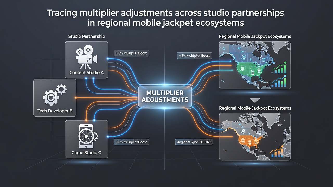 Regional map overlay displaying mobile jackpot multiplier tiers and studio collaboration nodes