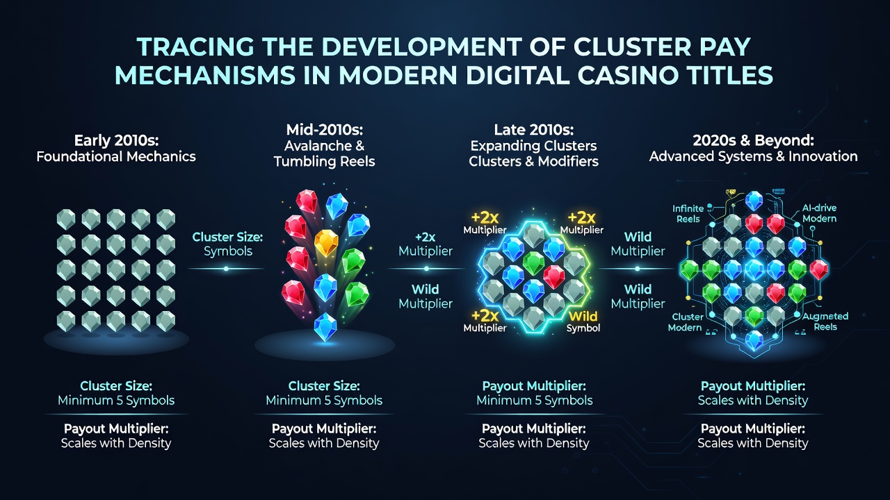 Contemporary cluster pay grid with cascading symbols and multiplier overlays in a mobile casino title