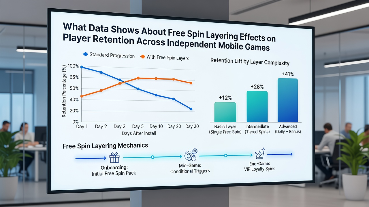 Analytics dashboard showing retention curves for mobile games with layered free spin mechanics